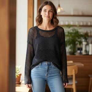 Pilcro Anthropologie Womens Size Med Black Metallic Open Knit Sweater OB1919537